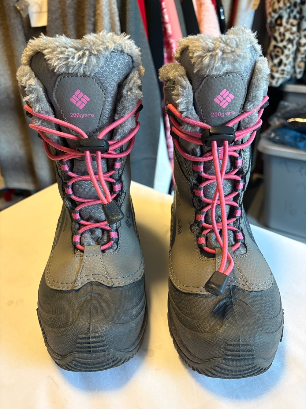Columbia Gray and Pink Kids Snow Boots with Faux Fur